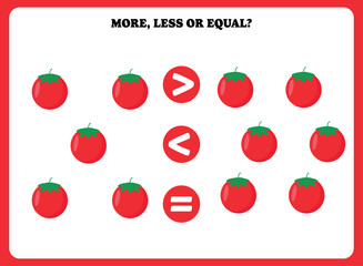 More less or equal. Educational math game for kids. Printable worksheet design for preschool, kindergarten or elementary students. Activity page for children.