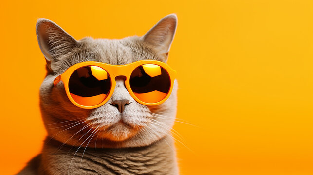 portrait of a brown color cat with yellow color sunglass isolated on Yellow color background. copy space background for text message 