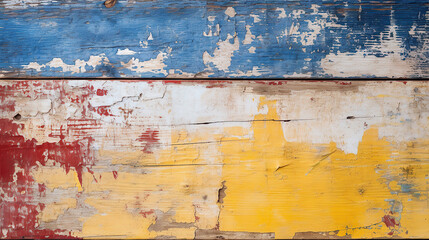 old rustic abstract painted wooden wall table floor texture - Grunge red blue yellow white painting shabby peeled off wood background.