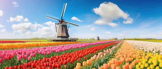Panorama of landscape with blooming colorful tulip field, traditional dutch windmill and blue cloudy sky in Netherlands Holland , Europe - Tulips flowers background panoramic banner. - obrazy, fototapety, plakaty