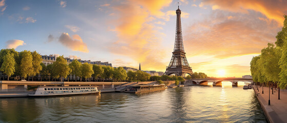 Paris Eiffel Tower and river Seine at sunset in Paris, France. Eiffel Tower is one of the most iconic landmarks of Paris. - obrazy, fototapety, plakaty