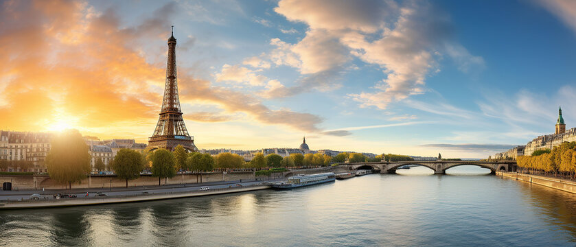 Paris Eiffel Tower and river Seine at sunset in Paris, France. Eiffel Tower is one of the most iconic landmarks of Paris.