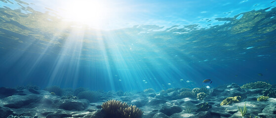 Sea underwater view with sun light. Beauty nature background. - obrazy, fototapety, plakaty
