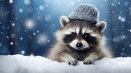 Happy raccoon in a santa hat on the background of a winter landscape