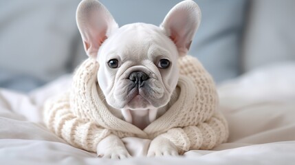 White French bulldog in warm knitted clothes resting on the bed