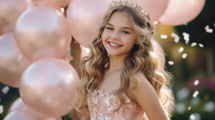 A girl celebrates her birthday. 15th birthday celebration with balloons and gifts