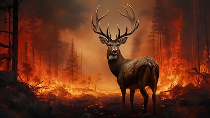 Deer running away from a fire in the forest