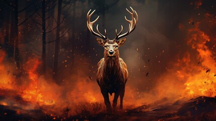 Deer running away from a fire in the forest