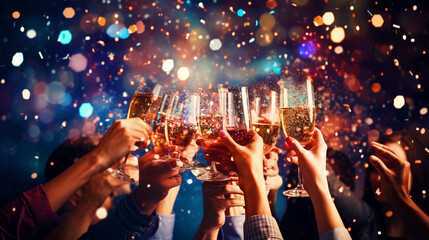 People celebrating new year with champagne toast - ai generative - obrazy, fototapety, plakaty