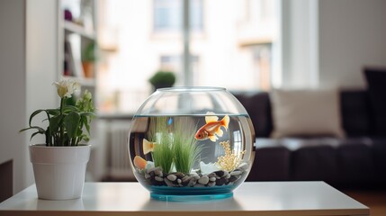 Aquarium with goldfish in the room close-up