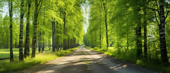 Fototapeta premium Single lane rural gravel road through the tall green linden trees. Sunlight flowing through the tree trunks. Fairy forest scene. Art, hope, heaven, wilderness, loneliness, pure nature concepts.