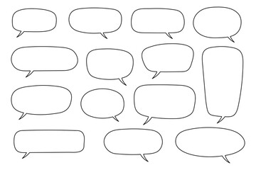 Hand drawn speech bubbles set, doodle style, Blank empty vector speech bubbles. Cartoon outline balloon word design. Speak bubble text, cartoon chatting box, message box. - obrazy, fototapety, plakaty