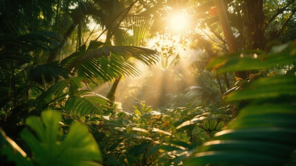 Sunrise in jungle rainforest view through tropical palm tree plants and lush fern foliage. Beautiful sunny morning in magic forest. Exotic nature landscape with wonderful majestic scenery.