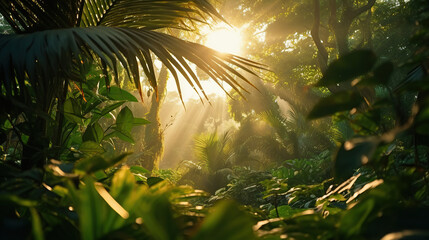 Sunrise in jungle rainforest view through tropical palm tree plants and lush fern foliage. Beautiful sunny morning in magic forest. Exotic nature landscape with wonderful majestic scenery. - obrazy, fototapety, plakaty
