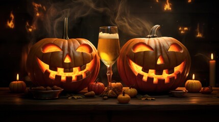 Illustration of two happy pumpkins celebrating Halloween with drinks
