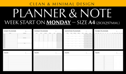 Planner and note template clean and minimal design size A4, Week start on monday - obrazy, fototapety, plakaty
