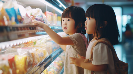 Two girls sisters snack selected on the shelf in Super Market.