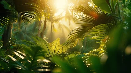Foto op Plexiglas Sunrise in jungle rainforest view through tropical palm tree plants and lush fern foliage. Beautiful sunny morning in magic forest. Exotic nature landscape with wonderful majestic scenery. © Santy Hong