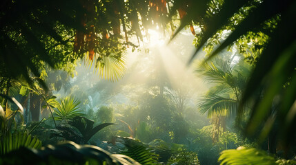 Obraz premium Sunrise in jungle rainforest view through tropical palm tree plants and lush fern foliage. Beautiful sunny morning in magic forest. Exotic nature landscape with wonderful majestic scenery.