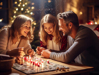 A cheerful family gathers around a table, playing games and celebrating the New Year.