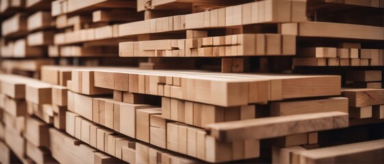 Stacked wooden bars in workshop of furniture manufacture - obrazy, fototapety, plakaty
