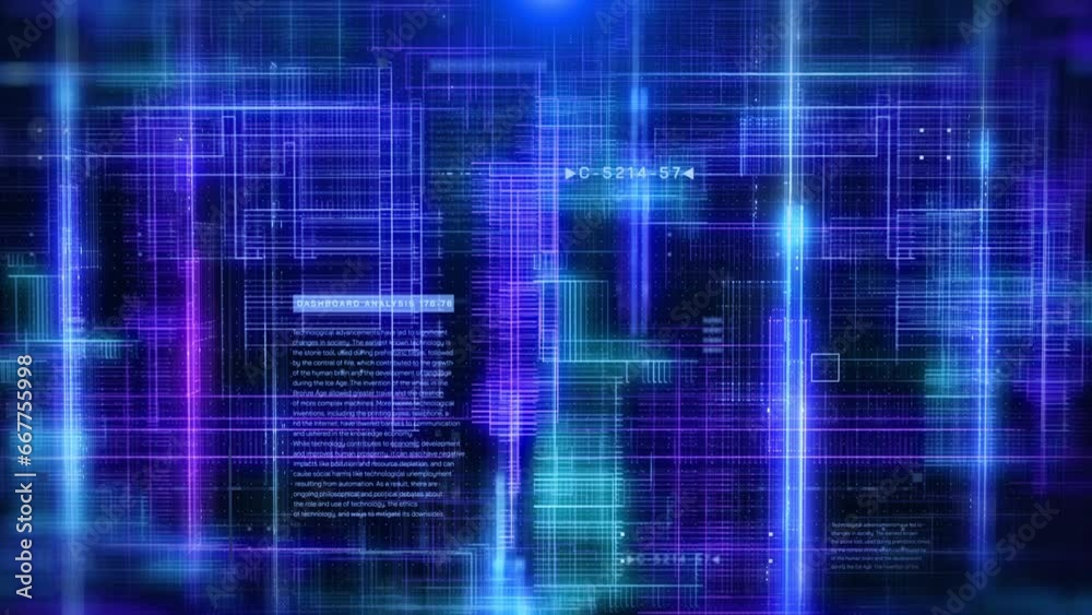 Aufkleber Technology glow grid stream line data communications with HUD system analysis panel on blue background. Digital node simulation 4K motion