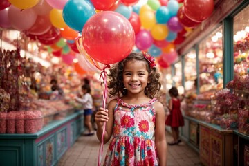 Fototapeta na wymiar Smiling Cute Little girl holding balloons, Generative Ai