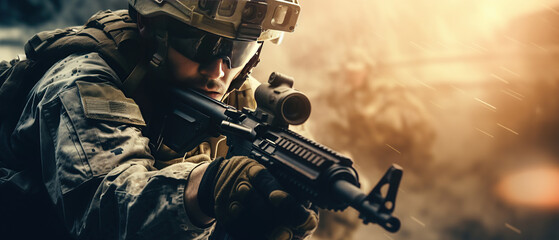 War background - Army soldier fighting with guns and defending his country. - obrazy, fototapety, plakaty