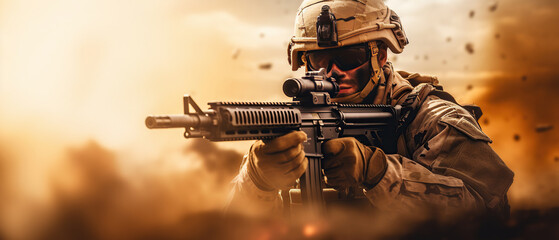 War background - Army soldier fighting with guns and defending his country. - obrazy, fototapety, plakaty
