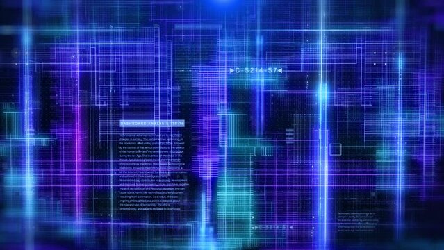 Technology glow grid stream line data communications with HUD system analysis panel on blue background. Digital node simulation 4K motion