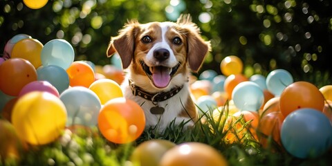 Adorable Beagle dog playing with colorful balloons in the garden. - obrazy, fototapety, plakaty