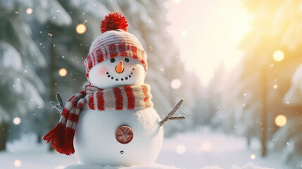 Obraz premium Winter holiday christmas background banner - Closeup of cute funny laughing snowman with wool hat and scarf, on snowy snow snowscape landscape in the forest with fir trees.