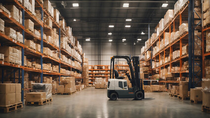 retail warehouse filled with boxes, logistics atmosphere, forklifts, distribution area - obrazy, fototapety, plakaty