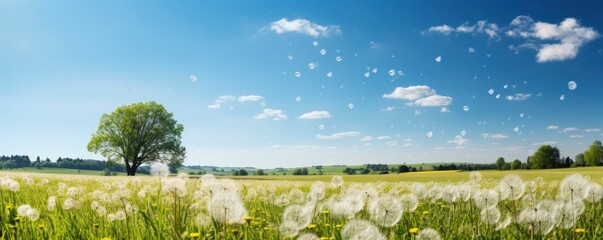 Field with dandelions and blue sky, Generative AI