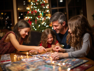A happy family gathers cheerfully around a game board on New Year's Eve, creating warm memories.