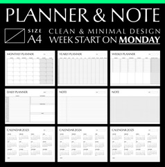 Planner note and calendar template clean and minimal design size A4, Week start on monday