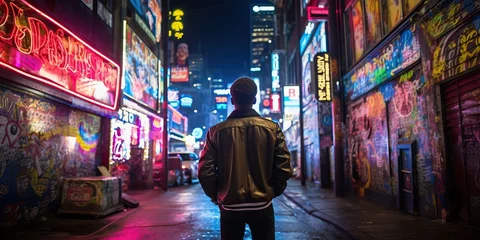 Papier Peint photo Lavable Etats Unis Man Walking in Vibrant Neon City