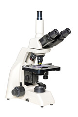 Scientific trinocular microscope with camera, image isolated on white background.