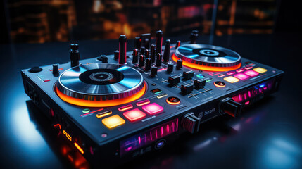 Nightclub DJ Setup, Controller Illuminated by Vibrant Neon Lights