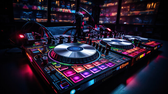 Nightclub DJ Setup, Controller Illuminated by Vibrant Neon Lights