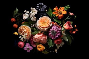 Flower bouquet on black backdrop, with leaves and flowers in the center. Generative AI