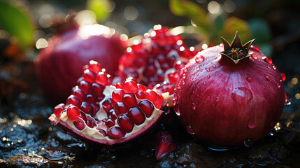 Group of Fresh Pomegranate Fruit with Water Drops on Defocused Background