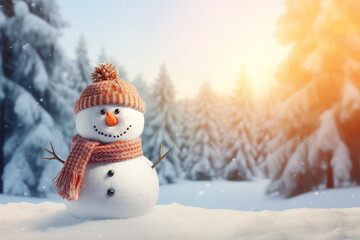 Obraz premium Snowman in the Woods. Generative Ai