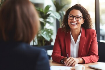 Middle aged professional business woman executive HR manager having job interview or business discussion in corporate office meeting. - obrazy, fototapety, plakaty