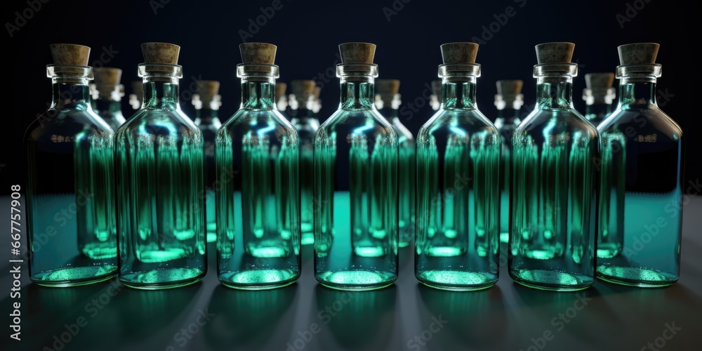 Poster A collection of bottles filled with vibrant green liquid. Perfect for science experiments or laboratory-themed projects.