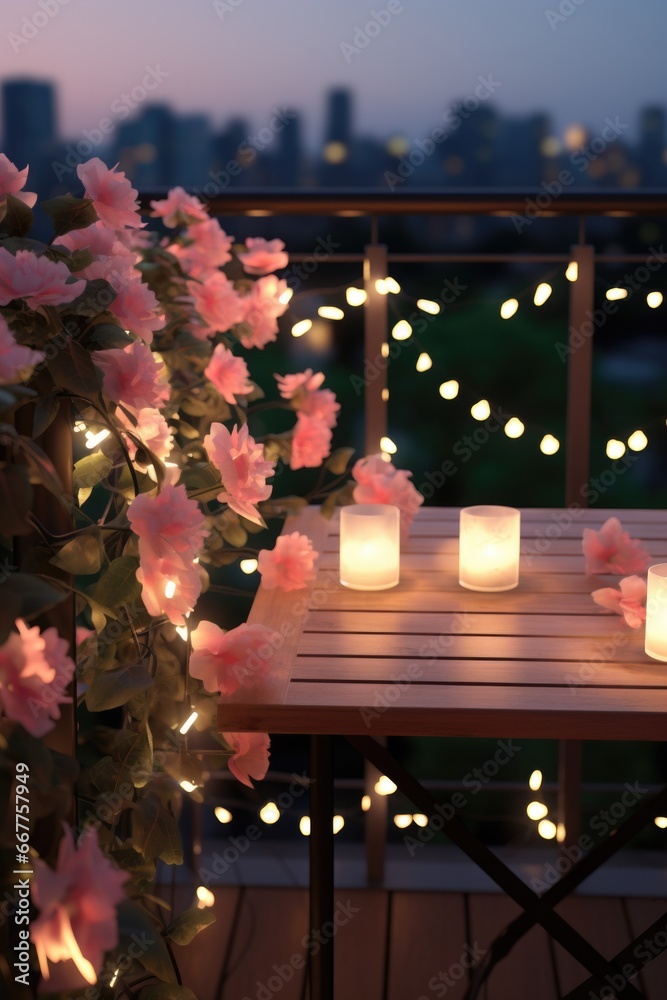 Poster A simple and elegant table adorned with candles and flowers. Perfect for creating a romantic atmosphere or for use in wedding decorations.