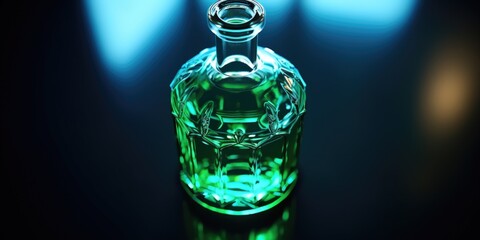 A green glass bottle is sitting on top of a table. This image can be used to depict various concepts such as recycling, sustainability, or interior design.