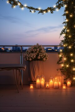 A picturesque view of the city from a balcony, with candles providing a warm ambiance. This image can be used to create a cozy and romantic atmosphere.
