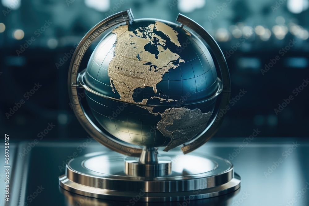 Poster a black and gold globe sitting on top of a table. perfect for travel and geography concepts.
