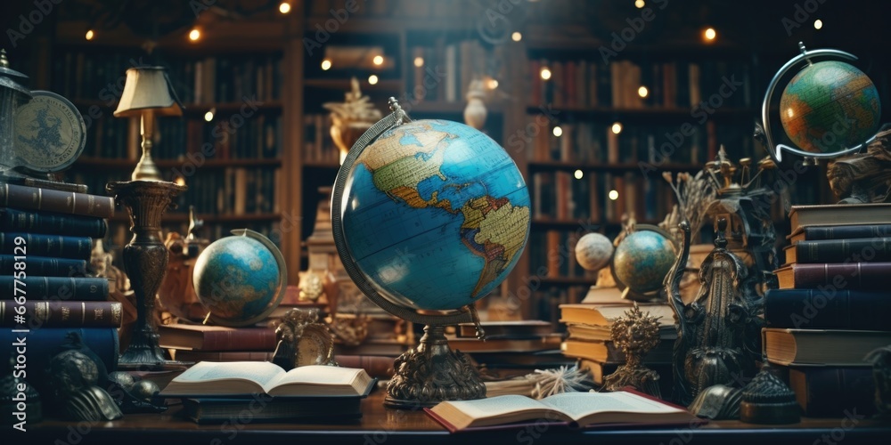Poster a table covered with numerous books and a globe. ideal for educational and travel-themed designs.